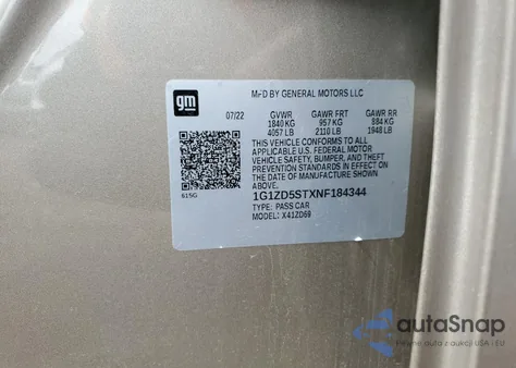 2022 Chevrolet Malibu Lt из США, поврежденный, VIN 1G1ZD5STXNF184344